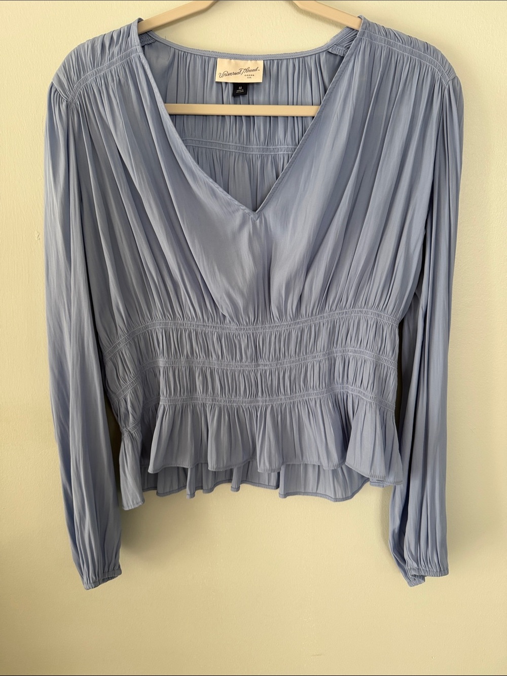 Universal Thread Dusty Blue V-Neck Smocked Peplum Blouse